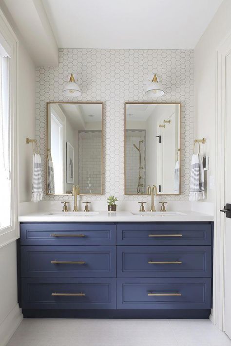 modern home inspiration #decor #style #interiors #bathroomcabinets Blue Painted Cabinets, Townhouse Decorating, Makeover Kamar Mandi, All White Bathroom, Bathroom Vanity Designs, Vanity Design, Blue Cabinets, Bathroom Renos, Guest Bathroom