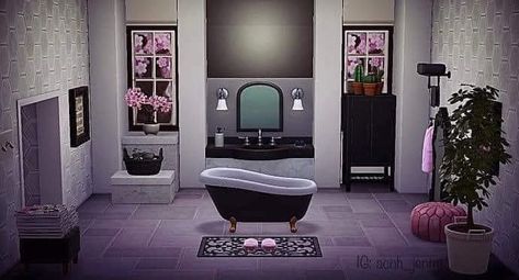 Acnh Bathroom Ideas Black, Animal Crossing Bathroom Design, Animal Crossing Bathroom Ideas, Acnh Bathroom Ideas, Acnh Elegant, Acnh Living Rooms Ideas, Vampire Bedroom, Fae Farm, Goth Interior