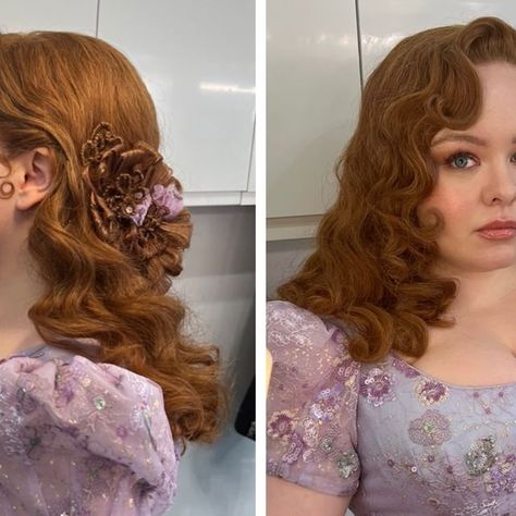 ＦＡＲＩＤＡ     ＧＨＷＥＤＡＲ on Instagram: "Francesca & John Wedding 🤍  This style had the silhouette of Veronica Lake with inspo from Rita Hayworth and Karen Mulder.   I repeated the hair flowers style from the Carriage and Innovation Ball mixing them with little flowers using the technique from Victorian Hair Art which I had been studying. I also made little hearts which reappear on other styles. Head over to @thehairhistorian for more on this and amazing hair history 💗  Makeup @jessie_hmua  Hair @faridaghwedar   Designer @erika_okvist_makeup_designer  . . . . . . . . . . . . . . . .  #bridgerton #bridgertonedit #bridgertonnetflix #bridgertons #bridgertonsonnetflix #bridgertonseries #bridgertoncast #bridgertonseason3 #bridgertonedits #bridgertonbrasil #bridgertonfamily #bridgertonbts #bridgerton Bridgerton Wigs, Bridgerton Hair, Penelope Bridgerton, Hair History, Karen Mulder, Victorian Hair, Nicola Coughlan, Victorian Hairstyles, Veronica Lake