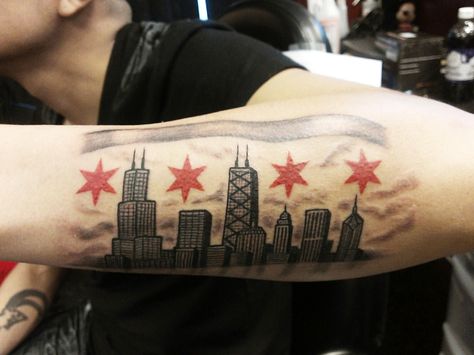 Chicago Flag Tattoo, Chicago Skyline Tattoo, Skyline Tattoo, Chicago Tattoo, Chicago Flag, City Tattoo, Flag Tattoo, Tattoos For Black Skin, Inked Magazine