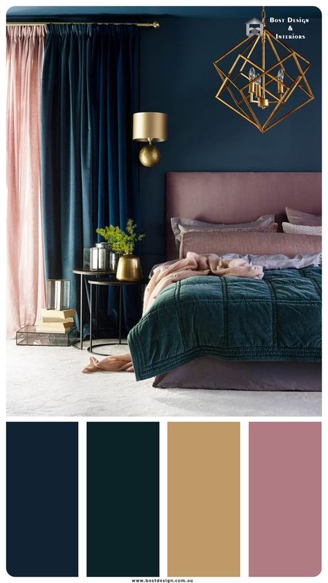 Bedroom color scheme ideas will help you to add harmonious shades to your home which give variety and feelings of calm. From beautiful wall colors... Bedroom Painting Color Ideas, Elle Decor Bedroom Interior Design, Midnight In The Tropics Behr Bedroom, Bedroom Color Themes Master, Dark Walls And Ceiling Bedroom, Pastel And Black Bedroom, Navy And Plum Bedroom, Cute Bedroom Color Schemes, Mauve And Navy Bedroom