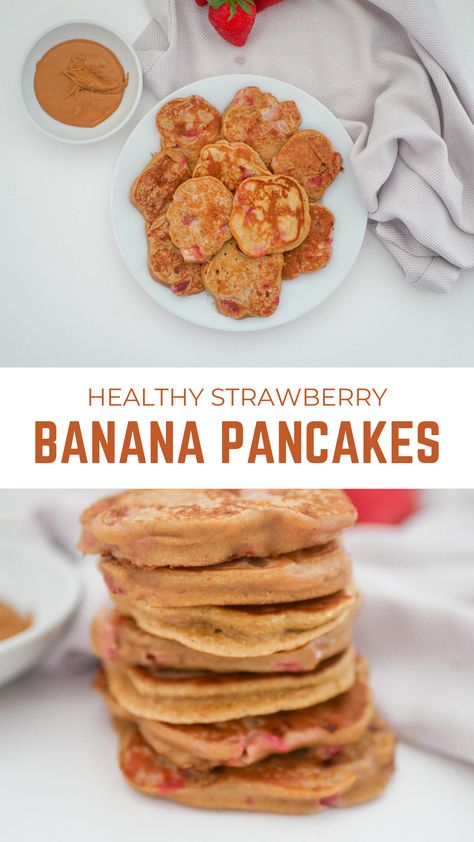 Easy delicious healthy strawberry banana pancakes are made with oat flour, a bit of plain all purpose flour, eggs and sweetened with banana and mixed with delicious sweet and juicy strawberries. Perfect for a healthy breakfast or snack but tastes like dessert. Banana Pancakes For Baby, Strawberry Pancakes Recipe, Strawberry Banana Pancakes, Strawberry Pancakes, Strawberry Breakfast, Healthy Pancake Recipes, Banana And Egg, Baby First Foods, Banana Breakfast