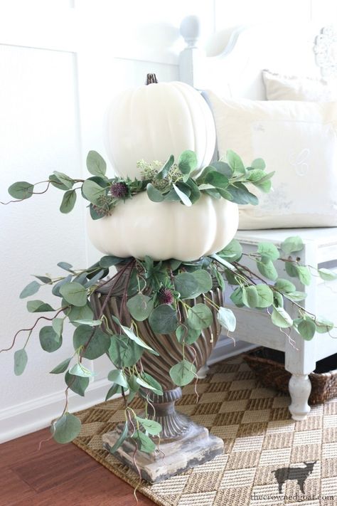 Simple Stacked Pumpkin Topiary with Eucalyptus – Stacked Pumpkin Topiary, Fall Creations, Fall Vignettes, Pumpkin Topiary, Fall Floral Arrangements, Fall Decor Ideas, Stacked Pumpkins, Fall Color Palette, Derby Party