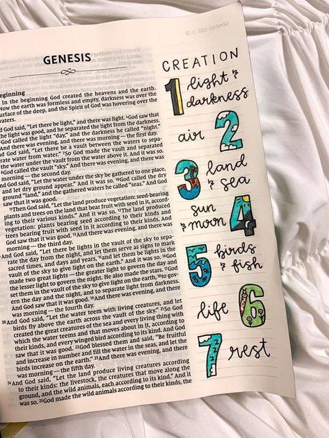 Bible Notes Ideas Genesis, Genesis Title Page, Genesis 1 1 Art Journaling, Important Verses In Genesis, Bible Doodles Genesis, Bible Doodling Genesis, Bible Genesis Notes, Genesis 1:1 Bible Verse, Genesis Scripture Quotes