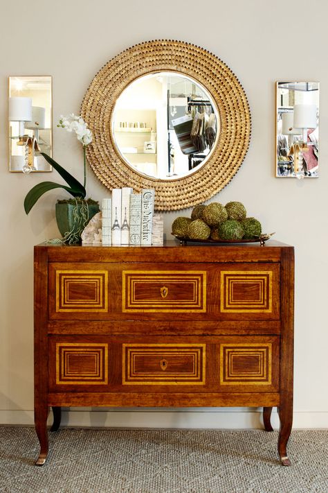 Antique chest and mirror Chest With Mirror Above, Chest Of Drawers Decor, Dresser Sideboard, Contemporary Sconces, Mirror Sconces, Design Showroom, Antique Chest, Mirror On The Wall, Contemporary Mirror