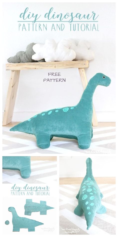 DIY Giant Dinosaur Toy Free Sewing Pattern & Tutorial Dinosaur Stuffy Sewing Pattern, Simple Sewing Projects Stuffed Animals, Narwhal Sewing Pattern Free, Diy Stuffed Dinosaur Pattern, Large Stuffed Animal Patterns, Diy Dinosaur Toy, Unicorn Stuffed Animal Pattern, Dino Sewing Pattern Free, Diy Dinosaur Gifts