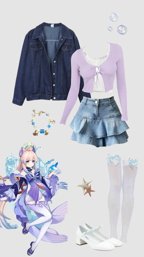 Kokomi inspired outfit #genshinimpact #aesthetic #kokomi #outfitinspo #outfit Kokomi Core Outfit, Kokomi Aesthetic Outfit, Kokomi Cosplay Outfit, Kokomi Casual Cosplay, Kokomi Modern Outfit, Kokomi Inspired Outfits, Kokomi Outfit Ideas, Kokomi Outfit, Kokomi Mermaid