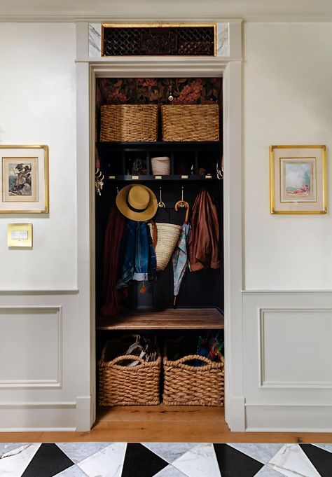 Space of the Week: One Designer's 'California Mudroom' Makes the Case for a New Type of Closet Hall Closet Transformation, Hall Closet Mudroom Makeover, Entryway Closet Turned Mudroom, Hallway Closet To Mudroom, Entry Closet Storage, Closet To Seating Area, Hallway Open Closet Ideas, Small Entryway With Closet, Closet To Mini Mudroom