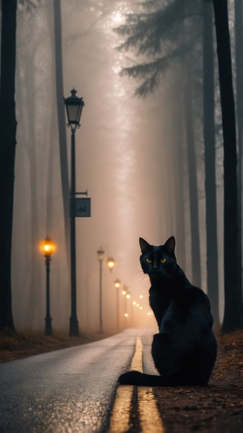 Black Cat Autumn Wallpaper, Street Cats Aesthetic, Halloween Black Aesthetic, Black Cat In Forest, Fall Cat Wallpaper, Black Cat Photography, Black Cat Artwork, Black Cat Sitting, Fall Cats