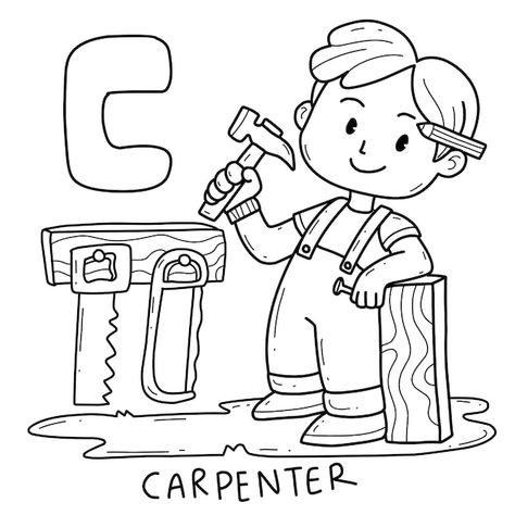 Alphabet occupation carpenter coloring b... | Premium Vector #Freepik #vector #occupation #profession #worker #working-illustration Occupation Drawing, Worker Drawing, Carpenter Drawing, Job Drawing, Working Illustration, Vector Alphabet, Cardboard Crafts Diy, Carpenter Work, Love Coloring Pages