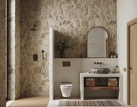 Wabi Dani Interior, Italian Farmhouse Bathroom, Drømme Bad, Natural Stone Bathroom, Stone Feature Wall, Mediterranean Bathroom, Wabi Sabi Interior, Rustic Bathroom Vanities, Stone Bathroom