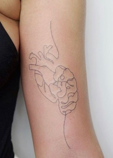 Messy Brain Tattoo, One Line Brain Tattoo, Heart Over Head Tattoo, Neurosurgeon Tattoo, Mind Body Connection Tattoo, Healthcare Worker Tattoo, Heart Brain Tattoo Minimalist, Atomically Heart Tattoo, Brain Vs Heart Tattoo