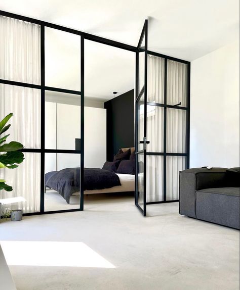 Glass Bedroom Wall, Open Bedroom Ideas, Korean Apartment, Bedroom Divider, Glass Partition Wall, Neutral Bedroom Decor, Minimal Bedroom, Bedroom Entrance, Small Apartment Design