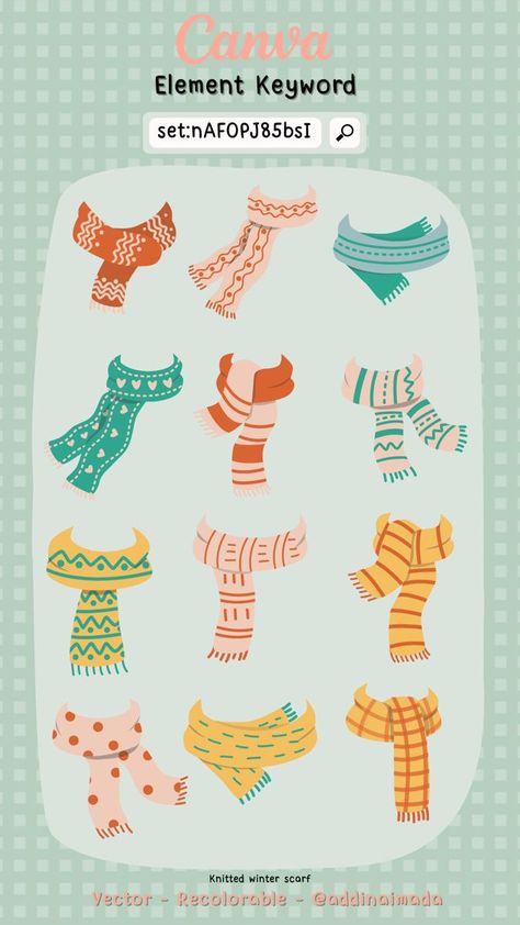 Create a cozy winter scarf with Canva Pro Elements. Choose from a variety of stylish patterns and colors, then add your own text and images. Print your design on high-quality fabric and wear it all season Christmas Scarf Drawing, Scarf Illustration Drawings, Canva Christmas Element, Scarf Doodle, Scarf Tattoo, Scarf Illustration, Canva Keywords Elements, Winter Scarf Pattern, Canva Inspiration