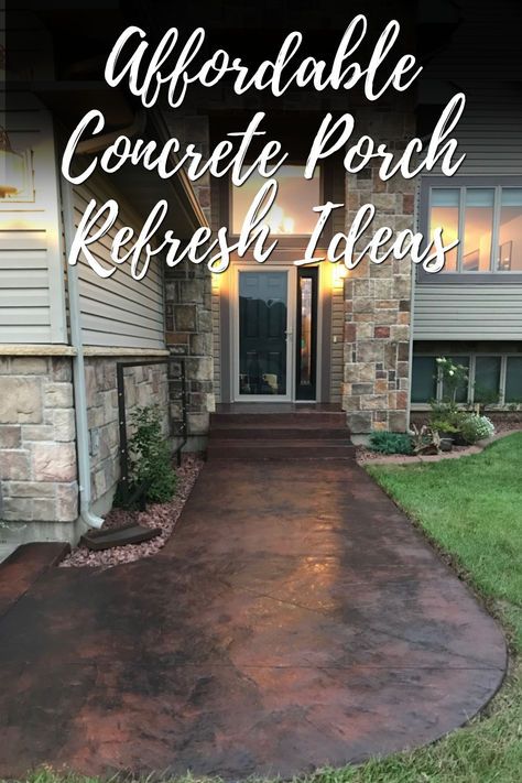 Revitalize your front porch without breaking the bank! Our pins feature affordable concrete staining techniques for a high-impact makeover. Find your favorite budget-smart ideas here Front Porch Concrete Paint, Stained Concrete Front Porch, Stained Concrete Porch, Acid Stained Concrete Floors, Concrete Front Porch, Concrete Stain Patio, Concrete Staining, Paint Concrete Patio, Acid Stained Concrete