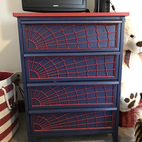 Spider Man Furniture, Spiderman Theme Bedroom, Spider Man Nursery, Spiderman Dresser, Spider Man Room Ideas, Spider Man Room Ideas Kids, Spiderman Room Aesthetic, Spiderman Bedroom Ideas, Spider-man Room