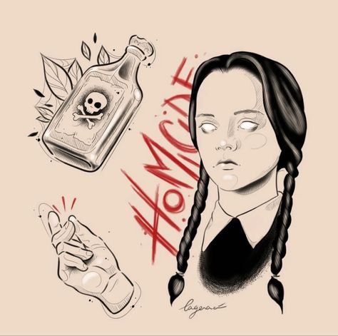 Wednesday Addams Tattoo, Elbow Tattoos, Creepy Tattoos, Tattoo Art Drawings, Beautiful Drawings, Wednesday Addams, Flash Tattoo, Honeycomb, Old School