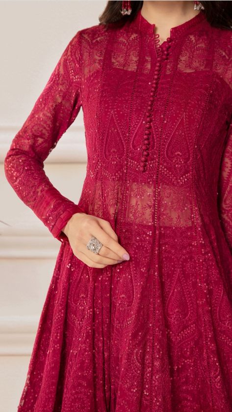 Anarkali Dress Nack Design, Anarkali Salwar Designs, Chikankari Dress Patterns, Chikenkari Dress Ideas Kurti, Red Anarkali Suits Wedding, Red Chikankari Anarkali, Chikenkari Dress Ideas, Trendy Anarkali Designs, Party Outfit Indian