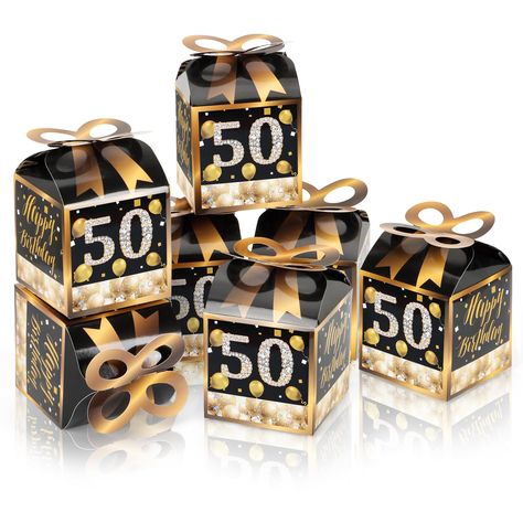 PRICES MAY VARY. Bow Boxes INCLUDE: 50 Adult 50th Birthday - Gold-themed square favor gift boxes. Each box SIZE measures 3.5 inches length x 3.5 inches width x 7 inches height. Bow boxes are ideal for small gifts and treats that are under 3.5 inches tall (height for storing items in closed box). When assembled and closed, each box creates a 3D paper bow-shaped top with a square bottom. Cute gift boxes: Each set of our Birthday Party Boxes includes 50 adorable gift boxes. These cute boxes are per 50 Year Party Ideas For Men, Gatsby 50th Birthday Party, 50th Birthday Swag Bag Ideas, 50th Birthday Souvenir Ideas, 50 Bday Party Ideas For Women, 50th Birthday Party Favors For Women, Black And Gold 50th Birthday Ideas, 50th Birthday Favors Ideas, Male 50th Birthday Party Ideas For Men