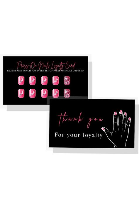 Press-On Nail Loyalty Discount Cards  50 Pack  2x3.5&#34; inch Business Card Size  DIY Press-On Nail Kit  Black with Pink Nail Design Nails Card Design, Pink Nail Design, Nails Vintage, Design Advertisement, Loyalty Cards, Pink Nail Designs, Pink Nail, Loyalty Card, Discount Card