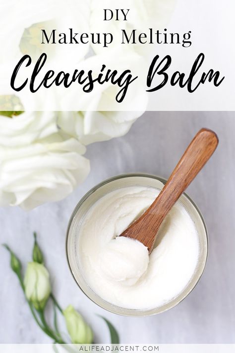 DIY Cleansing Balm. There’s no need to pay for expensive store bought cleansing balms! Learn to make a simple, makeup-melting DIY cleansing balm with only 2 natural ingredients. This homemade creamy cleanser dissolves makeup, and oil effortlessly. Leaves skin soft & moisturized. #alifeadjacent #diybeauty #diyskincare Diy Makeup Cleansing Balm, Face Cleansing Balm Recipe, Homemade Cleansing Balm, Diy Body Care Beauty Hacks, Homemade Cleanser For Face, Cleansing Balm Recipe, Diy Cleansing Balm, Creamy Cleanser, Skincare Diy