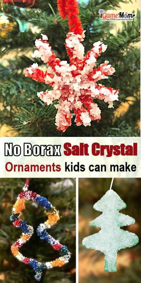 Grow salt crystal ornaments at home, so easy kids can make them at home. So fast, you don't have to wait over night to see the effect. Just regular table salt, pipe cleaner, contruction paper. No borax. Fun STEAM holiday project to learn science chemistry solubility and saturation Learn Science, Growing Crystals, Christmas Science, Kid Science, Crystal Christmas Tree, Salt Crystal, Science Activities For Kids, Science Chemistry, Table Salt