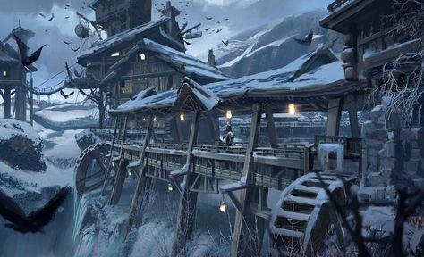 https://www.artstation.com/artwork/0X61Ke Snow Landscape Concept Art, Snow Concept Art, Japanese Village Art, Fantasy Winter Landscape, Ice Village, Snow Town, Snowy Village, Viking Village, Fantasy Village