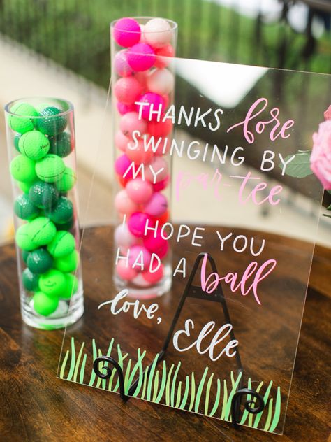 The Ultimate Golf Birthday Party for a Little Girl - Carrie Colbert Top Golf Party Ideas, Golf Birthday Favors, Mini Golf Party Ideas, Golf Fore Birthday, Mini Golf Birthday Party For Kids, Putt Putt Birthday Party, Golf Baby Shower Ideas Girl, Golf Fourth Birthday, Golf Themed 2nd Birthday Party