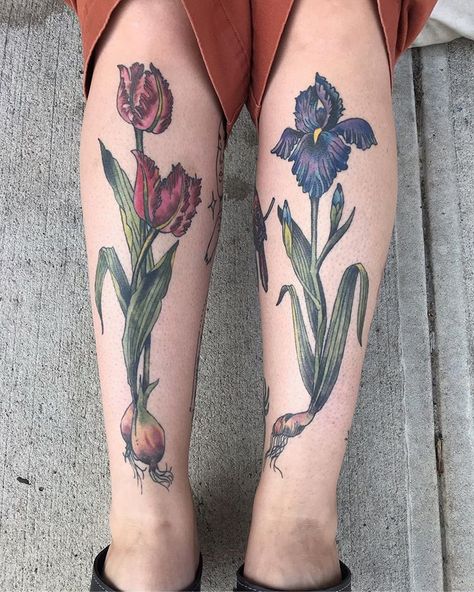 Healed iris and parrot tulips on @hen.wife, thank you for the photos💜💕🌌🌿!!! . . . #nofilter #healedtattoo #parrottulips #iris #iristattoo… Iris Tattoo, Tulip Tattoo, Garden Tattoos, Garden Tattoo, Floral Tattoos, Parrot Tulips, Butterfly Flowers, Maple Leaf Tattoo, Hen