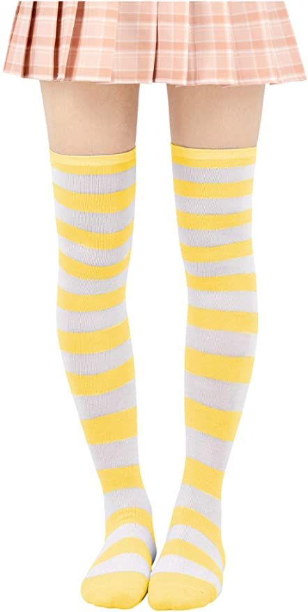 Thigh High Socks Anime, Strawberry Shortcake Costume, Striped Thigh High Socks, Striped Gloves, Yellow Socks, Striped Stockings, Over Knee Socks, Striped Tights, White Stockings