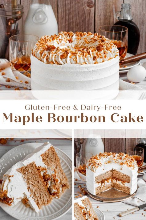 Fluffy layers of maple cake made with 100% real pure maple syrup and covered in the most decadent drool-worthy whipped maple bourbon frosting. This easy gluten-free maple bourbon cake is perfect for a deliciously cozy sweet treat. Vegan Maple Cake, Maple Bourbon Cake, Bourbon Dessert Recipes, Bourbon Frosting, Bourbon Buttercream, Cake Flavor Ideas, Bourbon Dessert, Chocolate Bourbon Cake, Bourbon Cake