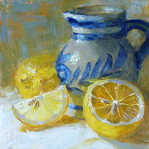 Cottage Core Painting Ideas, Lemons Painting, Paintings Of People, Oil Still Life, Animal Line Drawings, Lemon Painting, Basic Painting, Watercolor Art Landscape, Still Life Oil Painting