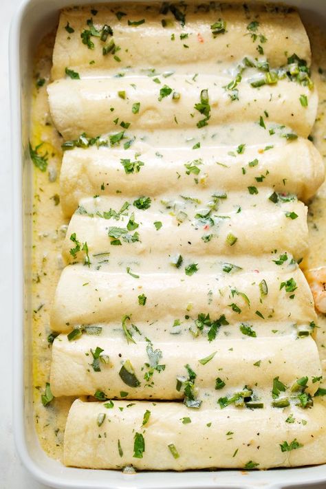 Creamy Poblano Sauce Recipe, Seafood Enchiladas Recipe, Seafood Enchiladas, Shrimp Enchiladas, Poblano Sauce, Enchiladas Recipe, Recipes Delicious, Shrimp Dishes, Enchilada Recipes