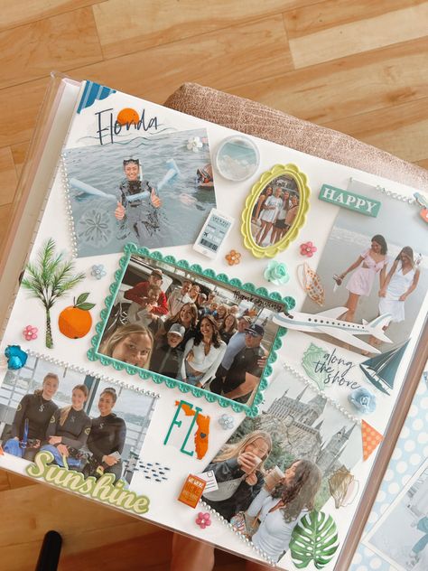 Beach Photo Album Ideas, Florida Scrapbook Ideas, Beach Vacation Scrapbook Ideas, Vacation Scrapbook Pages, Family Vacation Scrapbook Ideas, Scrapbook Ideas Beach, Scrapbook Materials List, Scrapbook Ideas Vacation, Preppy Scrapbook Ideas