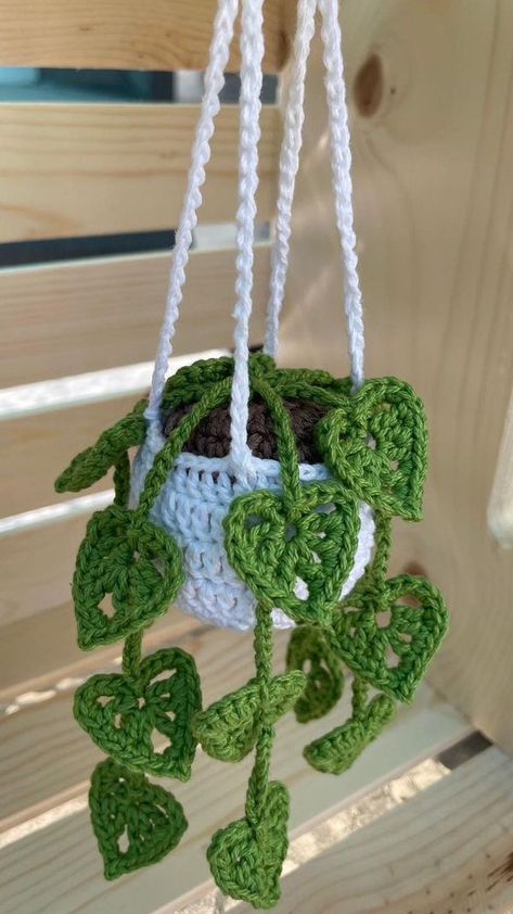 Crocheted Hanging Plant Holder, Plant Hanging Crochet, Crochet Hanging Basket Plant, Hanging Flower Crochet, Plantas A Crochet, Crochet Desk Accessories, Crochet Hanging Plant For Car, Knitted Plants, Crocheted Hanging Plant