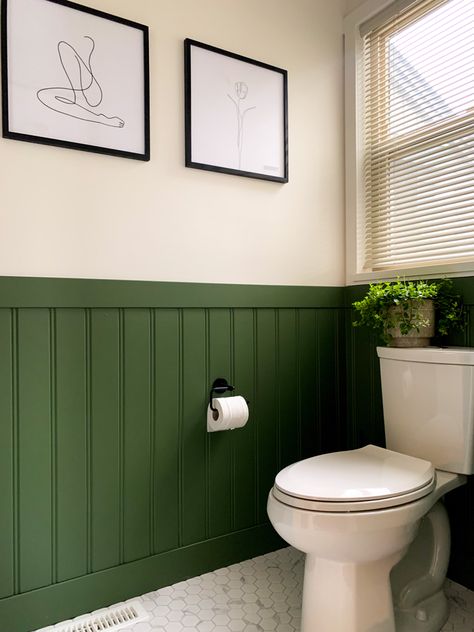 Two Tone Green Bathroom, Green Wainscoting Living Room, Green Wainscoting Bathroom, Green Wainscotting, Green Toilet Room, Green Beadboard Bathroom, Green Cloakroom, Green Wainscoting, Powder Room Reno