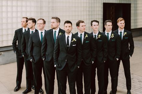 Black Suit Emerald Tie Groomsmen, Black Green Groomsmen Attire, Emerald Tie Groomsmen, Emerald Groomsmen Suits, Black Suit Emerald Green Bow Tie, Black Suits With Emerald Green Tie, Black Suit Eucalyptus Tie, Groomsmen Dark Green Tie, Black Groomsmen Attire Green Tie