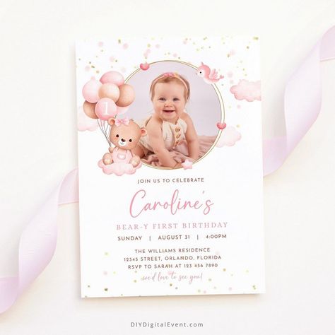 Calling All Kids: Birthday Party Invitation Boho Bear Birthday Theme, 1st Bday Invitation Cards, 1st Birthday Invitation Card Ideas, First Birthday Girl Invitations, Beary First Birthday Girl, Beary 1st Birthday, First Birthday Invitation Cards, 1st Birthday Invitation Template, First Birthday Invite