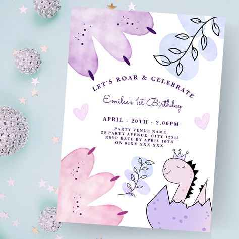 Pink Purple Palette, Cute Dinosaur Birthday, Dino Birthday Invitations, Dino Party Invitation, Purple Invitation, Birthday Party Pink, Baby Birthday Card, Surprise Birthday Invitations, Purple Invitations