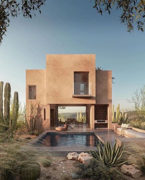 Foter Magazine on Instagram: "Nestled in #Mexico's tranquil desert landscape, Casa IBÓ by @taller.made offers a contemporary embrace of clean lines and earthy tones, merging seamlessly with the native flora and a serene poolside oasis. Images by @raumvisual #fotermagazine #foter #architecture #tallermade #architectureinmexico" Desert Modern House, Arizona House, Mexico House, Modern Desert, Adobe House, Casas The Sims 4, Concrete Home, Architecture Model House, Desert Homes