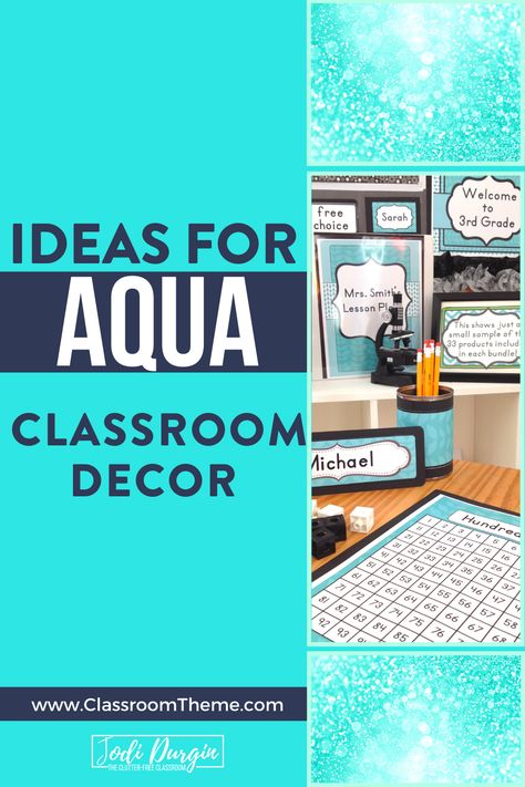 Elementary teachers looking for a calming color scheme for their 1st, 2nd, 3rd, 4th or 5th grade classroom will love this aqua aesthetic. It can be muted and relaxed or bright and cheerful. The color of your classroom decor sets up the tone for students. Blue is known to improve focus and help students attention spans. It aids social emotional learning and pairs well with grey and yellow accents. Go back to school in style! Coastal Calm Classroom, Shades Of Blue Classroom, Aqua Classroom Decor, Teal Classroom Decor, Blue Classroom Decor, Beachy Classroom, Mermaid Classroom, Turquoise And Black Classroom, Teal Classroom