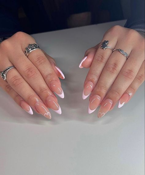 Nails And Rings, February Nails, Almond Nails Designs, Almond Acrylic Nails, Acrylic Nails Coffin Short, Pink Acrylic Nails, Oval Nails, Heart Nails, Fire Nails