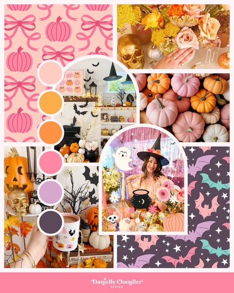 The mood for fall 🎃🎀🌼🍁 I’m so excited for the season and all the fun and coziness it brings! It’s my favorite time of year to create themed art and decorate my home. I created this mood board that felt on brand for my art and personal style, and I hope it can also inspire you this season! 💖 Featuring my personal artwork and photos of my home decor of Fall seasons past, it’s here to get you into a colorful and girly Halloween mood. This was also the perfect opportunity to jump in on the #e... Halloween Colour Palette, Colour Palette Pastel, Autumn Mood Board, Girly Halloween, Autumn Interior, Jump In, Halloween Cards, Fall Season, Kid Room Decor