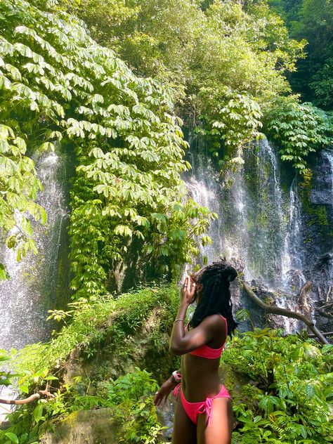 young woman in pink bikini standing in front of luscious greenery and waterfall Bali Waterfalls, Nature Photoshoot, Nature Aesthetic, In Nature, Bali, Black Women, Quick Saves, Black, Nature