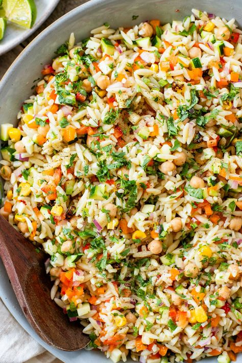 Summer Veggie Orzo Salad Veggie Orzo Salad, Vegetable Orzo Salad, Wfpb Salad, Veggie Orzo, Vegan Dinner Party, Chipotle Dressing, Cold Lunch, Side Salads, Lunch Prep