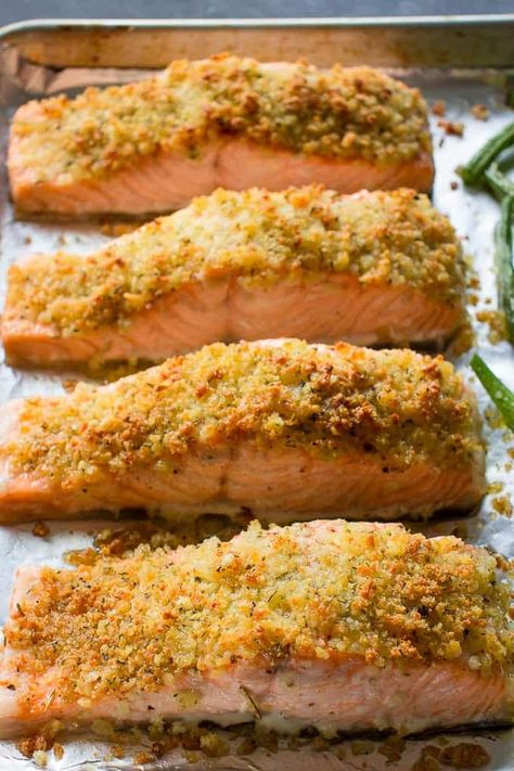 Sheet Pan Salmon Oreganata With Green Beans And Potatoes - So YUMMY! Salmon Oreganata Recipe, Oreganata Recipe, Gourmet Salmon, Salmon Green Beans, French Chicken Recipes, Healthy Seafood Dinners, Sheet Pan Salmon, Dinners Ideas, Pan Salmon