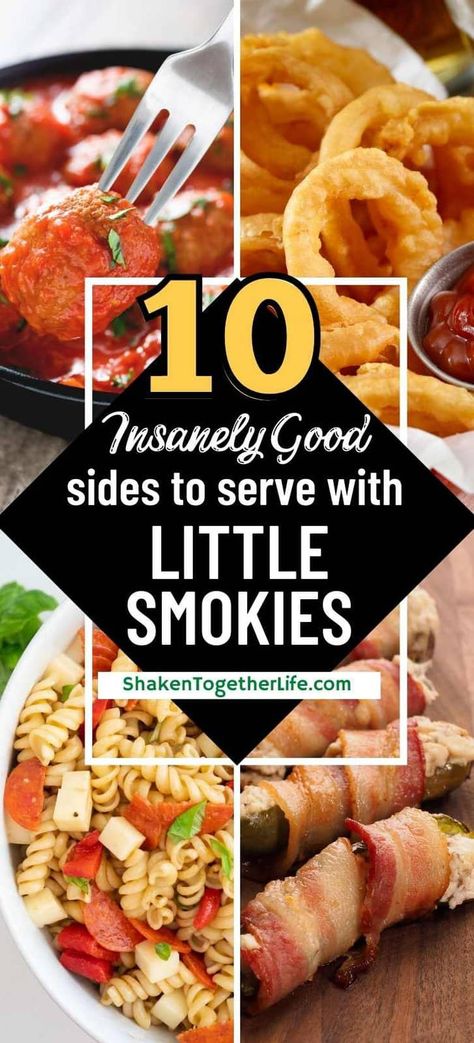 If you are looking for the best things to serve with little smokies, look no further. These are 10 of our favorite side dishes for this popular appetizer. Bbq Lil Smokies, Lil Smokies Recipes, Bbq Little Smokies, Crockpot Little Smokies, Cocktail Weenies, Little Smokies Recipes, Smokies Recipe, Bacon Wrapped Smokies, Little Smokies