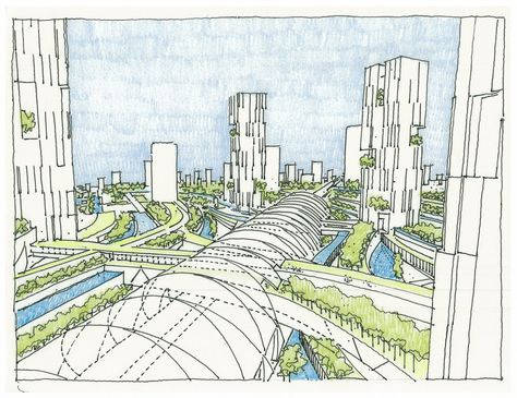 Langfang Eco-Smart City / Woods Bagot + HOK Woods Bagot, Eco City, City Sketch, Sustainable City, Global City, City Drawing, Architecture Graphics, Landscape And Urbanism, Urban Fabric