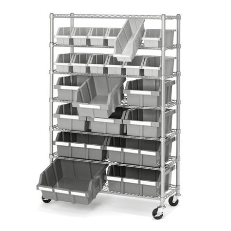 Commercial Platinum/Gray 7-Shelf 22-Bin Rack Storage System, 14 x 36 x 56 by Seville Classics - Walmart.com Storage Bin Shelves, Industrial Shelving Units, Bin Rack, Commercial Kitchen Design, Shelf Bins, Rolling Storage, Warehouse Storage, Bakery Ideas, Plastic Storage Bins