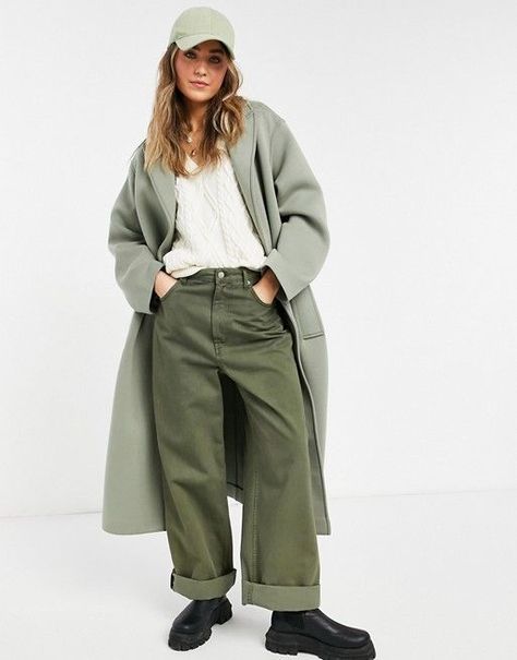 Sage Green Coat Outfit, Wool Coat Outfits, Green Coat Outfit, Mint Green Outfits, Cute Travel Outfits, Green Sage, Western Jacket, Faux Leather Biker Jacket, Coat Outfit